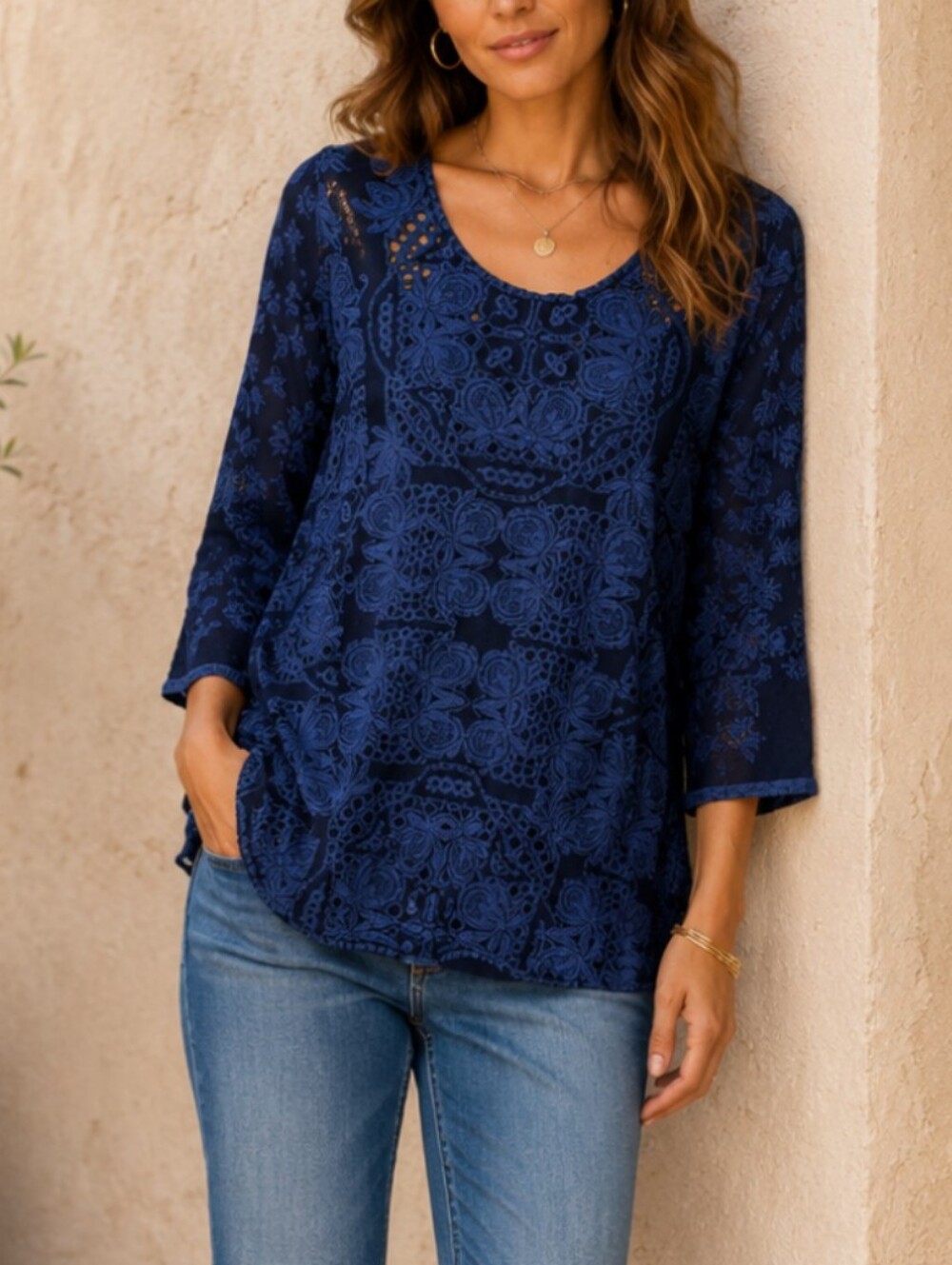 New Johnny Was Christina Blue Embroidered Scallop Floral Eyelet Navy Top Small